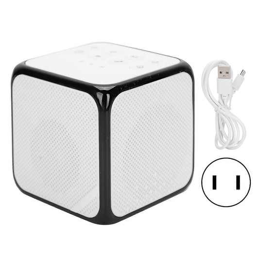 Portable white noise machine with USB cable and two-prong power plug