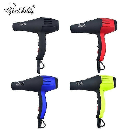 Multi-color professional hair dryer view: black, red, blue, and lime units