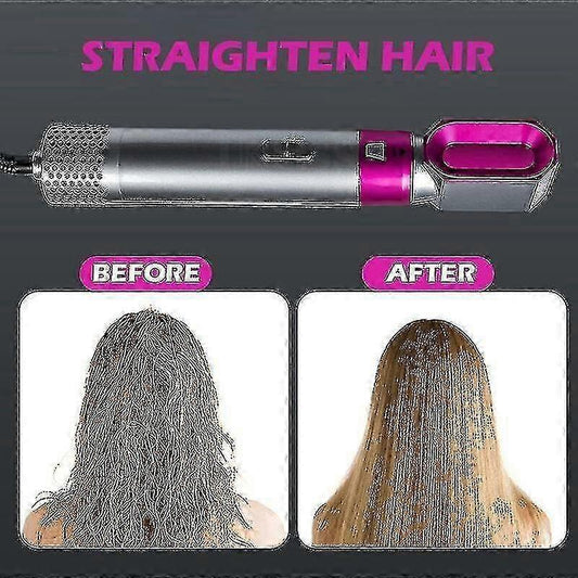 5-in-1 hair styling tool with silver barrel, pink handle, and textured brush head