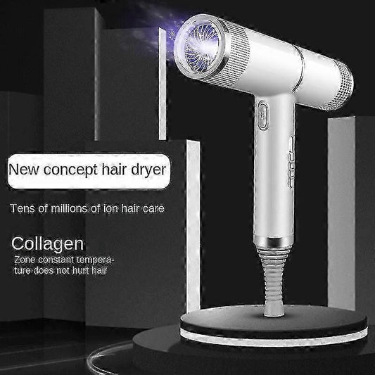 Silver-and-purple ionic hair dryer with circular vent and stand base