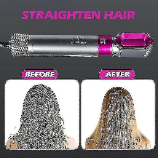 Silver and purple hot air hair styling tool with cylindrical brush attachment