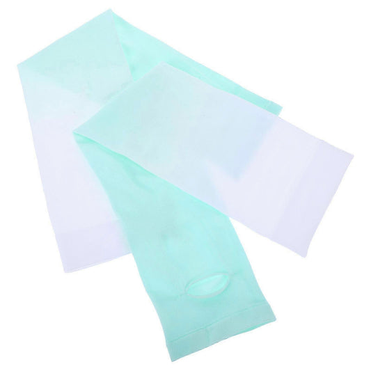 Breathable arm sleeves, light blue with thumb holes, folded pair.
