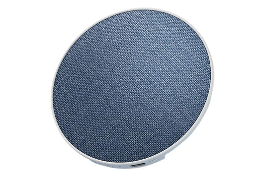 Round blue fabric wireless speaker with white rim and edge controls