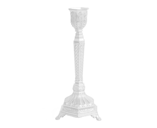 Glossy silver short candlestick holder, textured column and flared foot