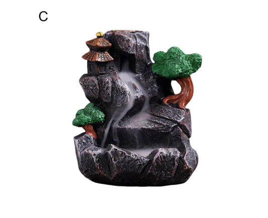 Resin incense burner waterfall base with pagoda tower and green tree accents