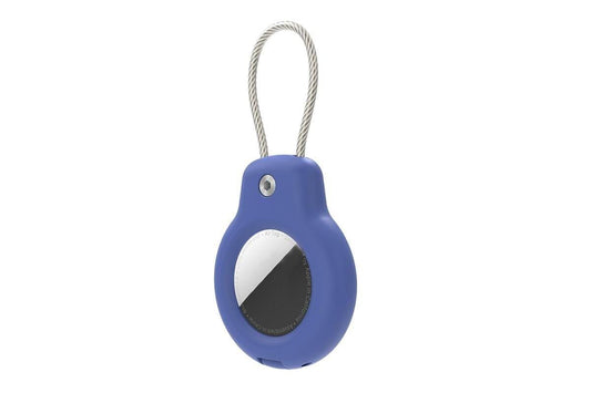 Blue protective case with lanyard, round tag window and top hole for attachment