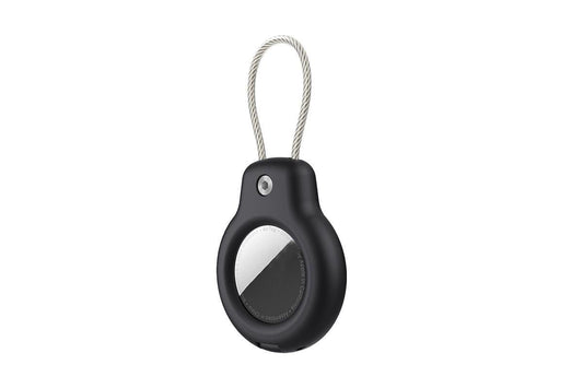 Black shockproof AirTag holder case with hanging metal loop