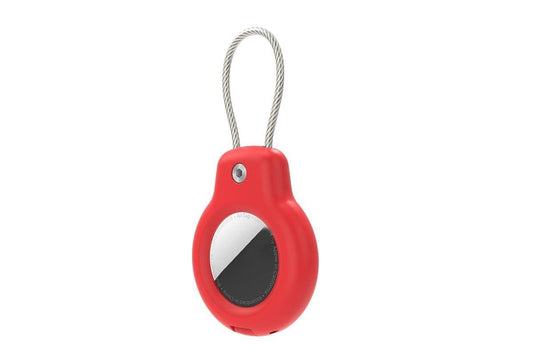 Red shockproof AirTag case with loop lanyard and black oval window