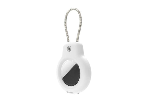 AirTag shockproof case with hanging lanyard, white, round shell with black window