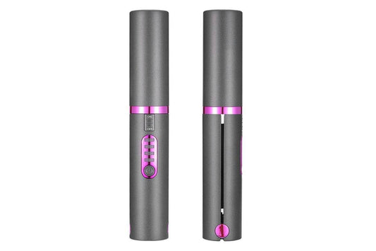 Mini cordless hair straightener and curler, gray-black body with pink control band