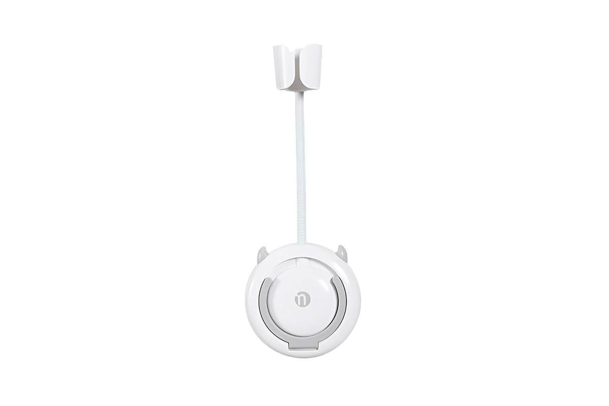 Hands-free hair dryer holder bracket, round white base with vertical arm