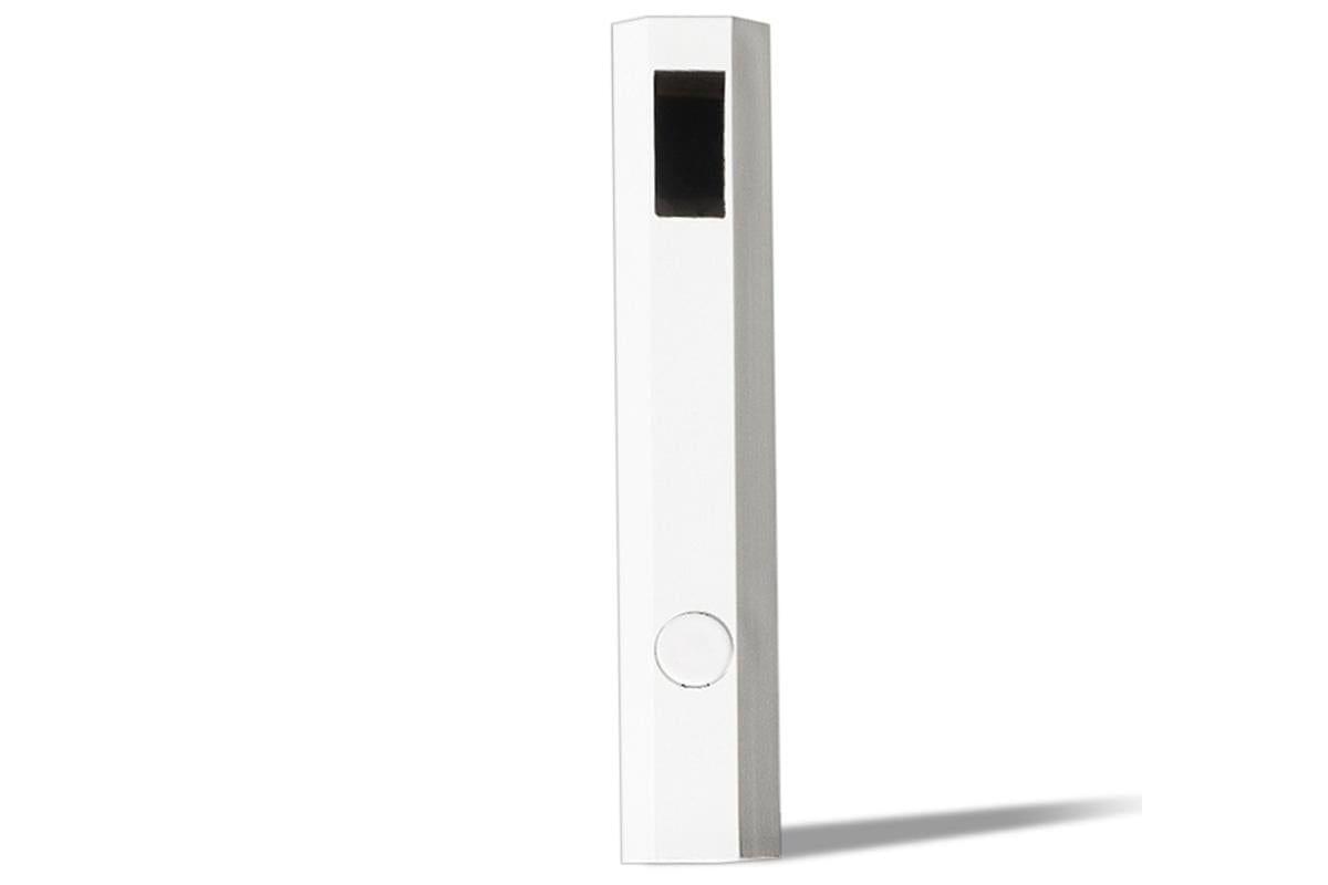 White handheld UV nail lamp with tall rectangular UV window and round button