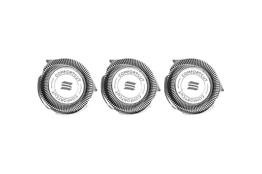 Three replacement shaver blade heads with circular foil discs and comfort text