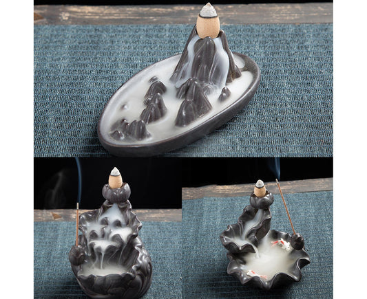Ceramic backflow incense burner with waterfall lotus base and incense cone