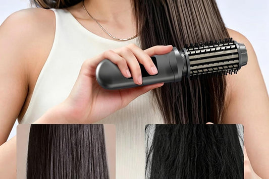 Grey 2-in-1 cordless hair straightener brush curling iron being used on hair