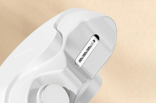 Automatic electric nail clipper, white side with nail cutting slot