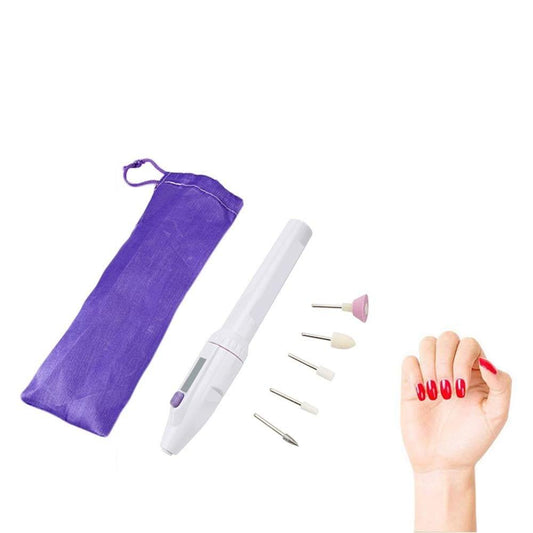 Cordless nail drill with purple carry bag, white handle, and sanding attachments