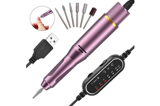 Purple electric nail drill kit with sanding bits, USB cable, and speed display