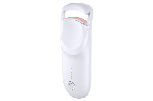 White handheld heated eyelash curler with power button on the body