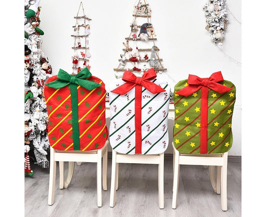 Gift-shaped chair covers on chairs, striped and star patterns with red bows
