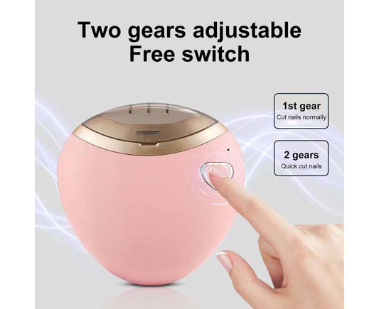 Pink electric fingernail clipper with round body and metal top, hand pressing switch