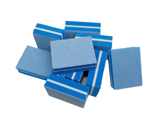 Assorted blue nail file buffer blocks, compact rectangular sponges for manicure