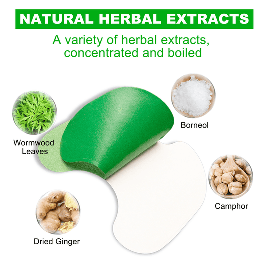 Green heating patch with ingredient circles: wormwood leaves, dried ginger, camphor