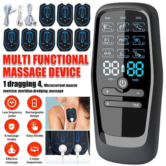 Rechargeable EMS/TENS pulse massager device with display and attached electrode pads