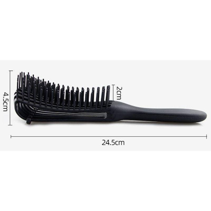Dark hair brush with vented comb pins and long handle, side view