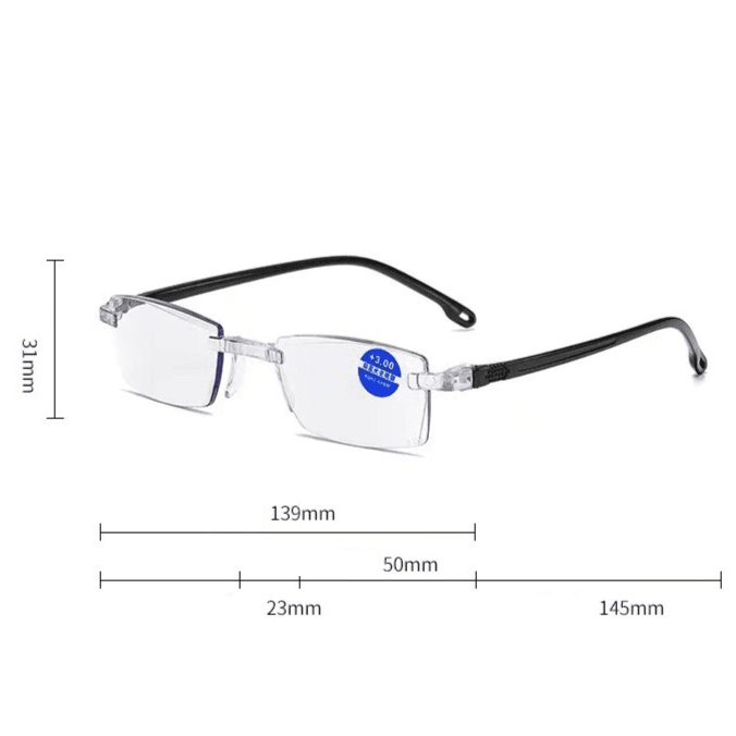 Rimless reading glasses with clear lenses, dark temples, and blue rating sticker