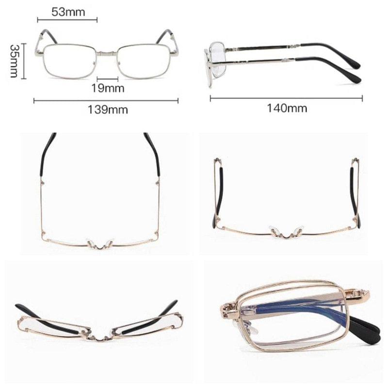 Foldable reading glasses size chart showing front, side, and top view dimensions