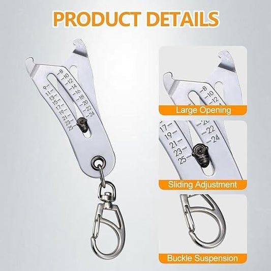 Metal bolt size finder keychain with adjustable ruler markings and swivel clasp