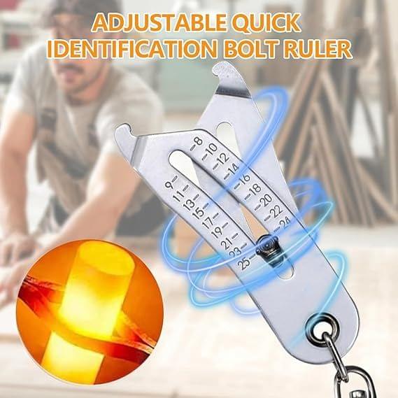 Adjustable bolt ruler keychain with hex-size scale and keyring carabiner clasp
