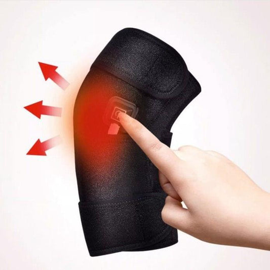 Heated knee brace with touch control panel, dark fabric, glowing warmth area