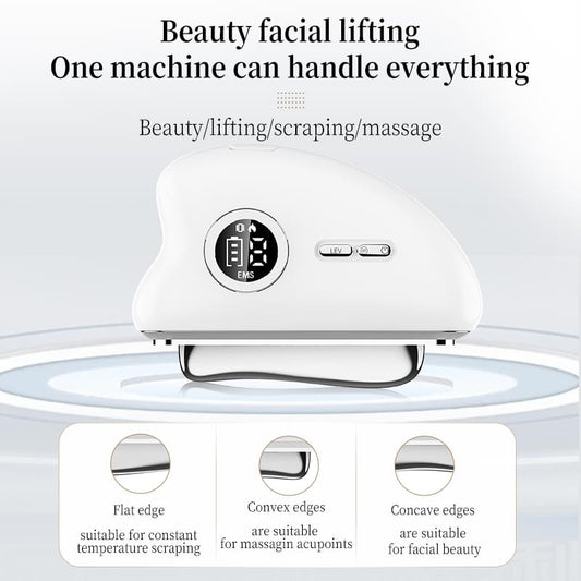 White facial lifting gua sha device with circular EMS panel and side switch