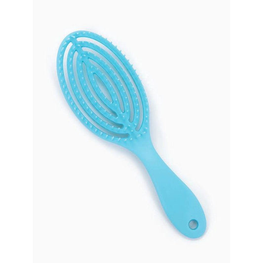 Light blue oval detangling brush with flexible teeth and hanging loop hole
