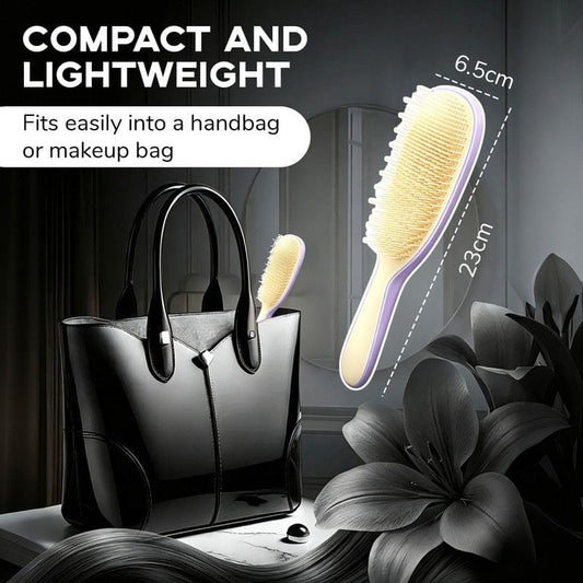 Compact cushion massage hair brush with purple-rimmed handle and yellow bristles
