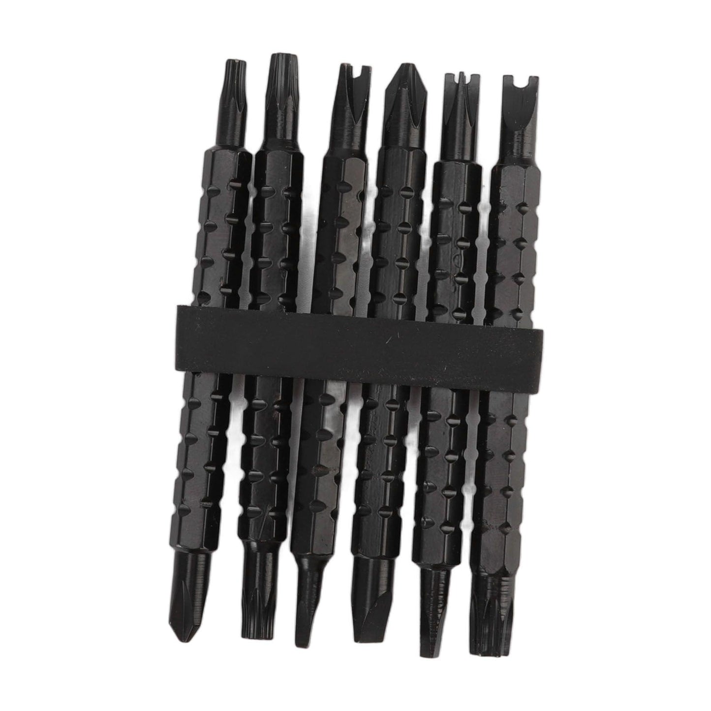 Screwdriver bit set with multiple black bits in a rectangular holder