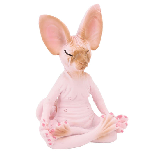 Pink cat meditating statue figurine in yoga pose, seated with paws on lap