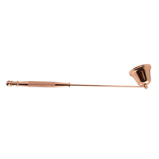 Rose gold long-handled candle snuffer with textured grip and bell top