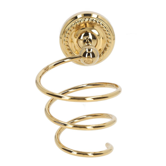 Gold wall-mounted hair dryer holder with spiral cradle and round mounting plate