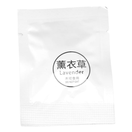 Lavender fragrance tablet sachet in a white pouch with round Lavender label