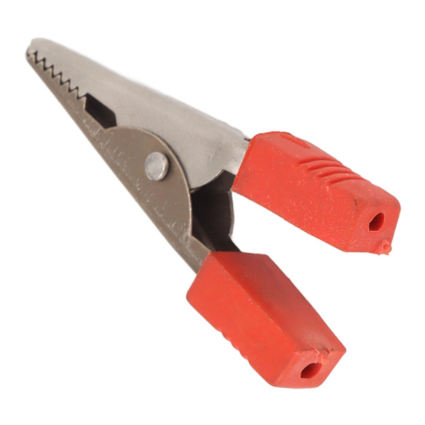 Electrical test crocodile clip with stainless steel jaw and red insulated handles