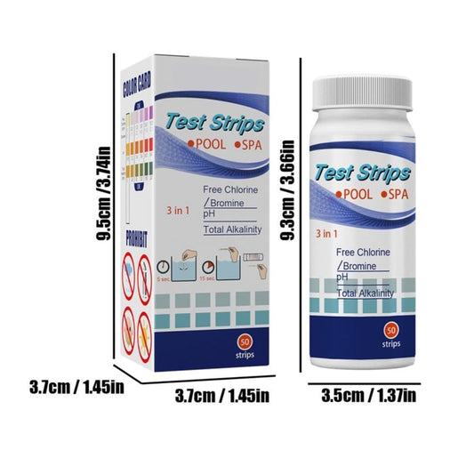 Pool water test kit box and bottle with size dimensions shown on the package