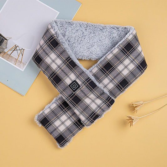 Plush-lined plaid heating scarf, dark checkered pattern with gray fuzzy lining