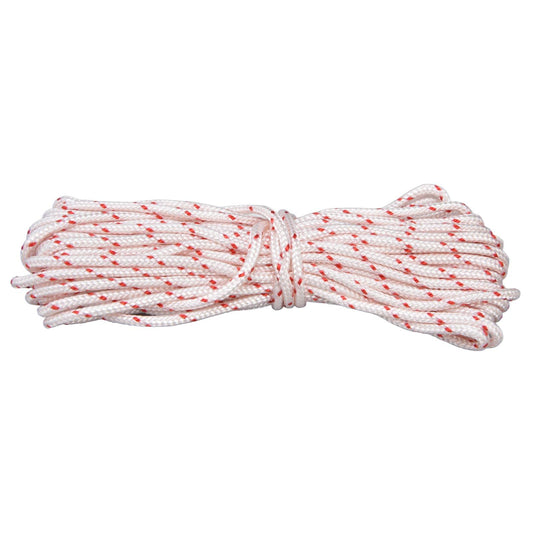 Starter rope pull cord replacement, white with red speckles, neatly coiled loop