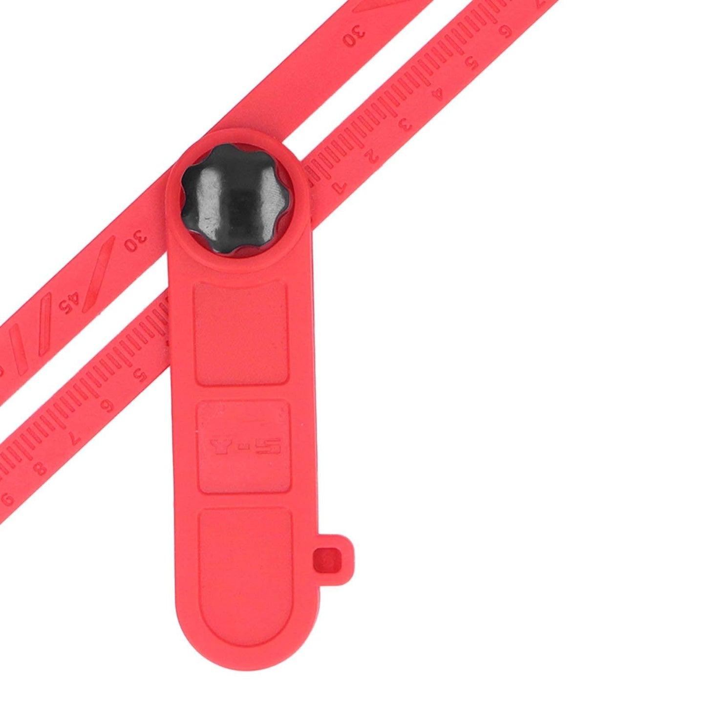 Red plastic angle ruler close-up of black knob and measurement markings