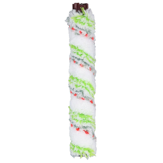 Brush roll replacement roller with white and neon green fibers and red bristle tufts, brown bracket end