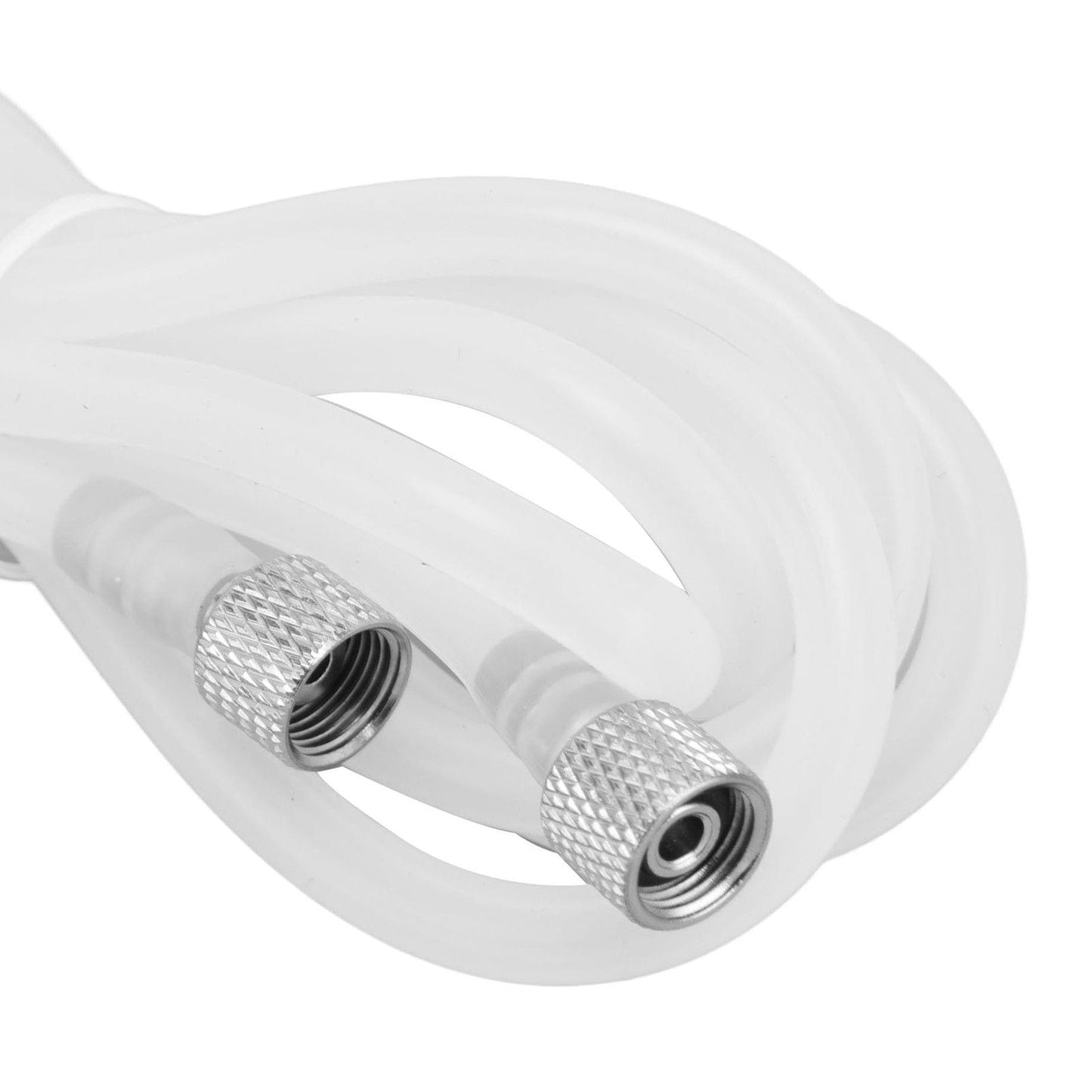 White silicone airbrush hose with silver threaded connector ports and metal sleeves