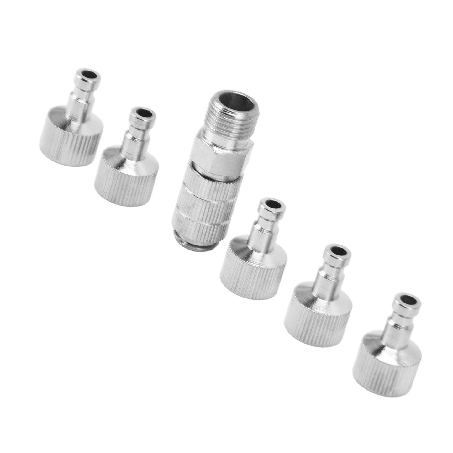 Set of stainless steel airbrush quick-release adapter fittings, multiple connectors shown